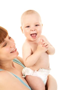 Image of pretty woman with her little baby on white background