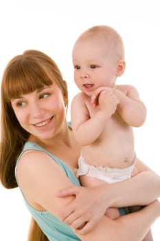 Image of pretty woman with her little baby on white background