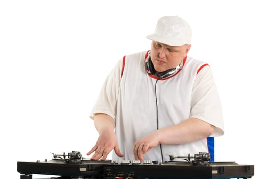 Portrait of smart deejay spinning turntable