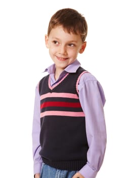 Portrait of smiling boy looking aside on a white background