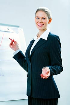 Portrait of confident teacher explaining a new lecture standing with whiteboard near by