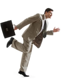 Portrait of fashionable partner with briefcase ready to run