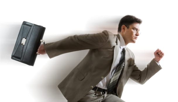 Portrait of energetic businessman carrying briefcase and running