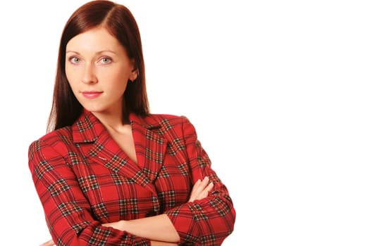 Portrait of charming female looking at camera over white background