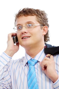 Photo of smart businessman calling somebody and smiling during communication
