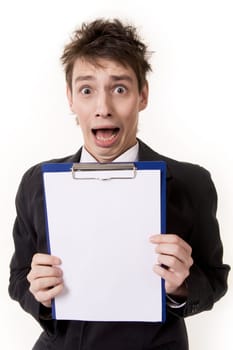 Very amazed guy holding announcement and looking at camera