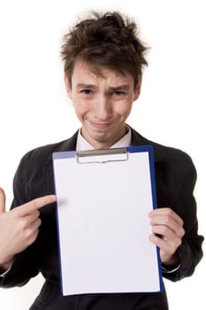 Portrait of confused businessperson advertising something with announcement on paper