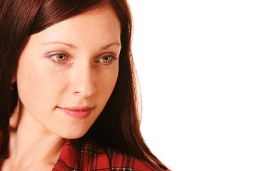 Portrait of serene woman over white background