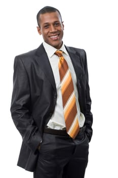 Portrait of successful professional in black suit looking at camera and smiling