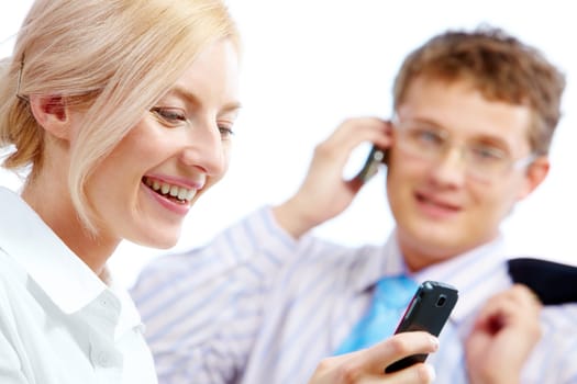 Image of confident woman writing sms with calling businessman on background