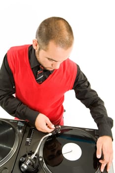 Photo of smart deejay near turntable