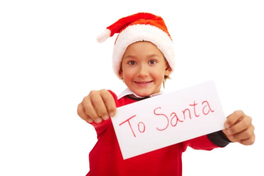 Happy lad holding letter with note To Santa in isolation