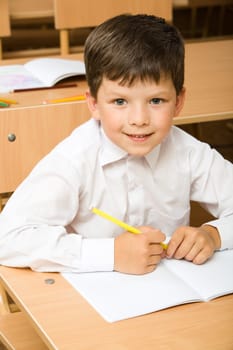Portrait of pupil wearing white shirt sitting in the classroom and looking at camera