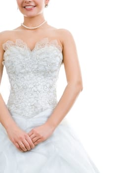 Photo of pretty bride in wedding dress isolated on a white background
