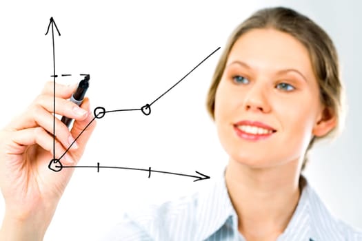 Successful business woman showing growth of profit on sales on a whiteboard