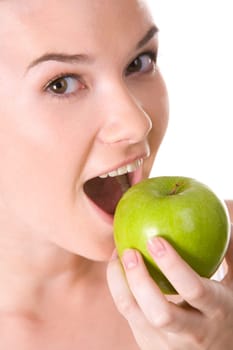 Portrait of pretty girl with open mouth ready to eat juicy apple