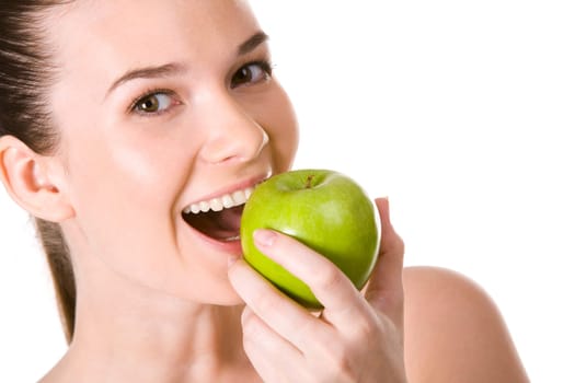 Portrait of pretty girl with open mouth eating green apple