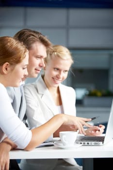Image of businesspeople discussing new project or plan at meeting