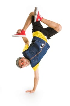 Photo of smart man standing on one arm