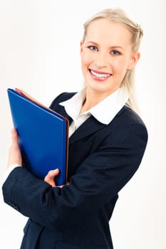 Portrait of beautiful businesswoman with folders looking at camera