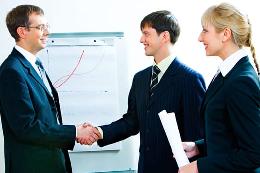 Business people agreed to terms of a treaty by shaking hands