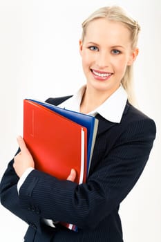 Portrait of young specialist holding folders in hands and looking at camera