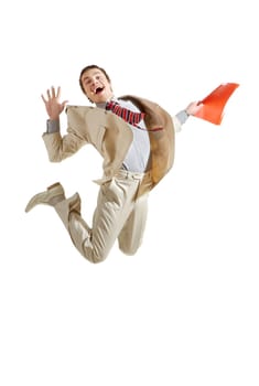 Portrait of cheerful businessman jumping with folder in hands