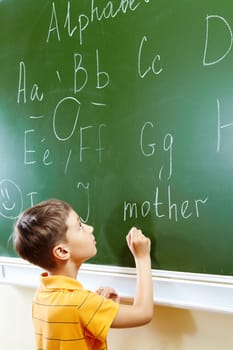 Portrait of smart schoolchild by the blackboard looking at it