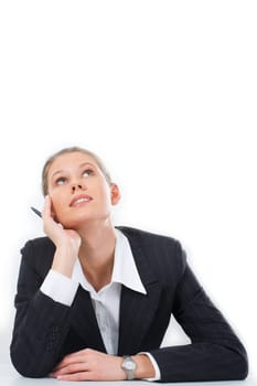 Portrait of pensive woman looking upwards on a white background