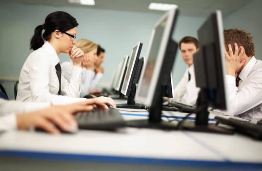 Photo of tired businesspeople working in the room