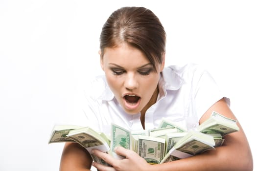 Photo of young woman afraid of losing money being held by her