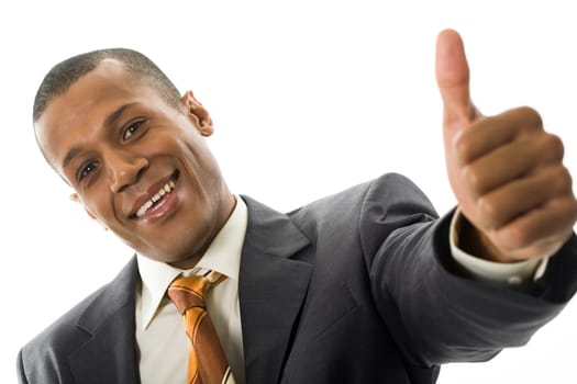 Happy businessman showing his thumb up with smile over white background