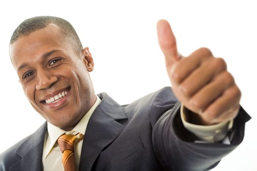 Happy businessman showing his thumb up with smile over white background
