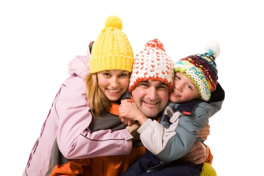 Image of cheerful family embracing each other over white background