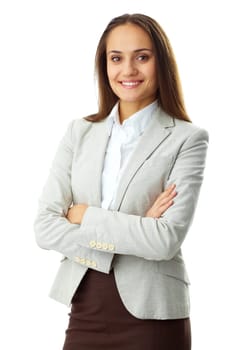 Portrait of successful businesswoman looking at camera in isolation