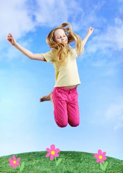 Image of happy girl jumping on the grass