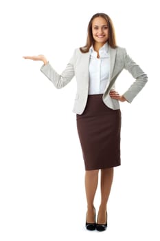 Portrait of elegant businesswoman with open palm in isolation