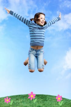 Image of happy girl jumping on the grass