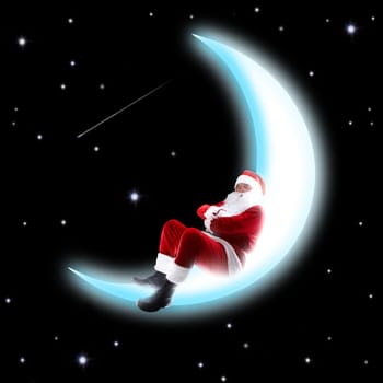 Photo of Santa Claus sleeping on shiny moon with night sky at background