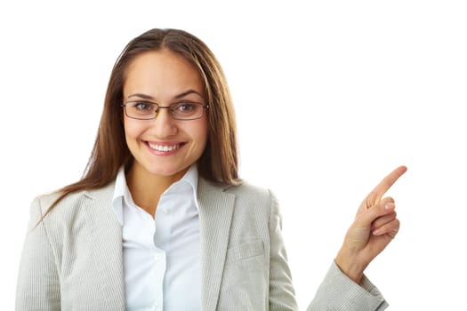 Portrait of happy businesswoman looking at camera with her forefinger showing aside