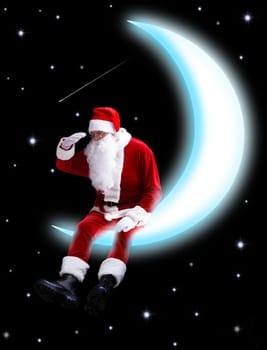 Photo of Santa Claus sitting on shiny moon and looking downwards with night sky at background