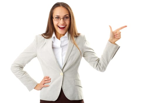 Portrait of happy businesswoman looking at camera with her forefinger showing aside