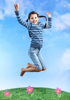 Image of happy girl jumping on the grass