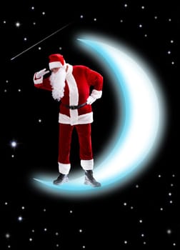 Photo of Santa Claus on shiny moon looking downwards with night sky at background
