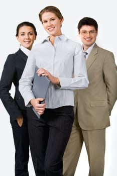 Photo of beautiful female leader on the background of her business team