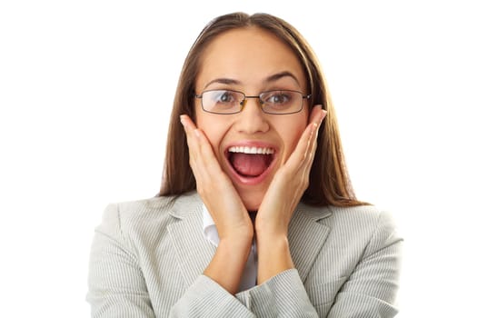 Portrait of amazed businesswoman touching her face and looking at camera