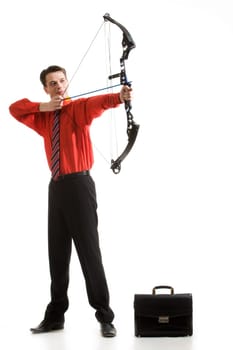 Photo of attractive businessman with crossbow targeting at aim