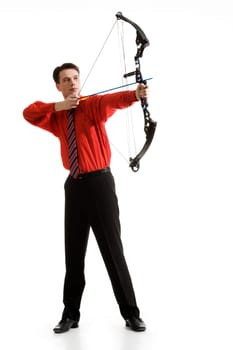 Conceptual photo of confident archer targeting at his rival