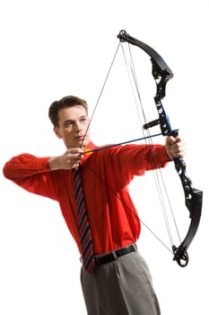 Conceptual image of serious man taking aim at something