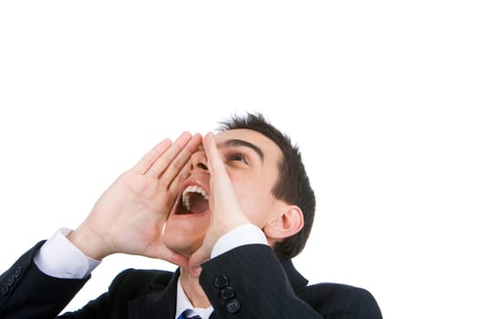 Photo of shouting man with his palms open by mouth looking upwards on white bvackground